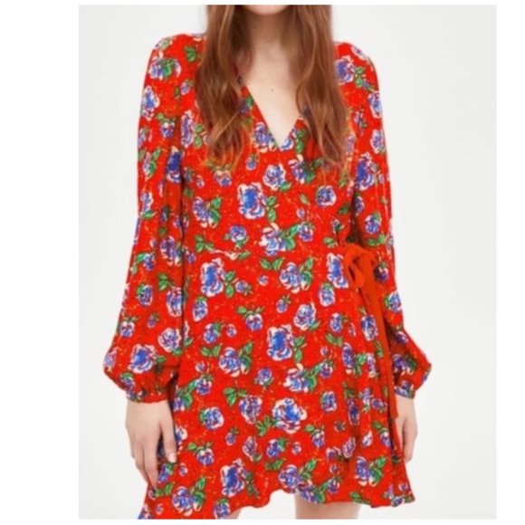 Zara Dresses & Skirts - Zara Women's Red Floral Mini Wrap Dress Size S Style 9049/687/600/S